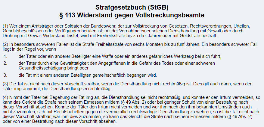 Widerstand gegen Vollstreckungsbeamte Strafe