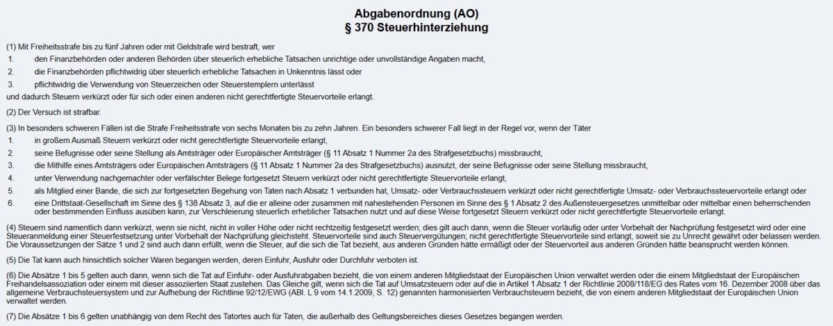 Steuerhinterziehung Strafe 370 AO